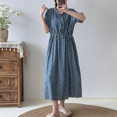 Details: Item Type: Dress Main Material: Cotton Linen Season: Summer Style: Leisure, Daily Pattern Type: Floral Waist Type: Loose Fit Type: Loose fit/ Pullover Size: One Size Length: 115.00 cm/ 45.28 " Bust: 102.00 cm/ 40.16 " Shoulder: 38.00 cm/ 14.96 " Sleeve: 28.00 cm/ 11.02 " Casual Cotton Floral Midi Dress, Casual Cotton Midi Floral Dress, Casual Maxi Length Floral Dress, Light Blue Casual Maxi Dress For Daywear, Casual Light Blue Maxi Dress For Daywear, Casual Cotton Floral Knee-length Dress, Casual Cotton Knee-length Floral Dress, Casual Knee-length Cotton Floral Dress, Blue Floral V-neck Dress For Daywear