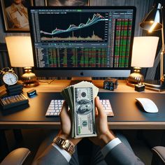 a person sitting at a desk holding money in front of a computer monitor and keyboard