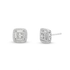 Complete all your favorite looks with sparkle and sophistication when you wear these princess-cut diamond double frame stud earrings. Created in cool 10K white gold Each earring showcases a dainty princess-cut diamond sparkling in an open square-shaped frame of round diamonds. The outer cushion-shaped diamond-lined frame completes the design. Captivating with 1/4 ct. t.w. of diamonds These post earrings secure comfortably with friction backs. Princess Cut Diamond Earrings, Double Frame, Ear Stud, Square Earrings, Princess Cut Diamonds, Princess Cut, Post Earrings, Round Diamonds, Diamond Earrings