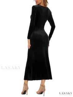 Lasaky - Stylish V-neck Solid Evening Dress for Women, Long Sleeve Stretchy Party Dress, Womens Sophisticated Attire Party V-neck Long Sleeve Stretch Dress, Bodycon Long Sleeve V-neck Evening Dress, Elegant Stretch V-neck Dress With Long Sleeves, Elegant V-neck Stretch Dress With Long Sleeves, Stretch V-neck Long Sleeve Dress For Evening, Elegant Fabric, Style Elegant, Dress For Women, Evening Dress