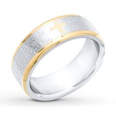 This distinctive men's wedding band is crafted of stainless steel and features a cross and edges detailed in yellow ion plating, and the Lord's Prayer in raised type. The band is 8mm wide. Cross Wedding, The Lord's Prayer, Lord's Prayer, Mens Crosses, Kay Jewelers, Bridal Ring Sets, Mens Band, A Cross, Size 10 Rings