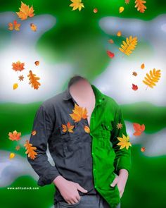 a mannequin is standing in front of leaves falling from the sky and green grass