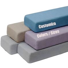 three different colored cushions stacked on top of each other with the words customiza in white