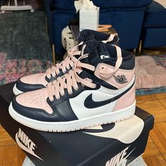 Beautiful Baby Pink Patent, Navy Leather With White Leather. Worn Once. Size 6.5 Women’s Cute Sneakers For Women, Jordan Pink, Pretty Sneakers, Nike Fashion Shoes, Jordan Blue, Nike Air Jordan 1 Retro, Jordan Retro 1, All Nike Shoes, Nike Shoes Jordans