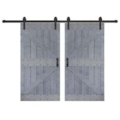 two gray wooden doors with black hardware on the top and bottom, one open to reveal an