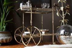 a gold bar cart sitting next to a potted plant and disco ball on the floor