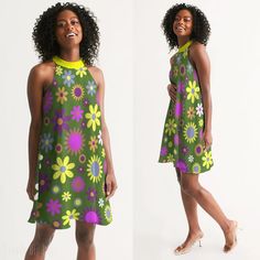 "Handmade Floral Mod Dress, Retro Dress, Vintage Dress Style, Vintage inspired Dress, 60s 70s style dresses,Trapeze dress, Green Dress Custom Handmade to order, Designed in California, Hand Sewn Overseas. *Ethically sourced fabric I wanted to design a modern mod dress for those who loves the 60s mod 70s style floral dresses. It is handmade from polyester chiffon material, dress is fully lined and light weight. Goes with platform shoes, heels or tall boots. Custom made to order. Size & Fit: - Rel Retro A-line Summer Dress, Retro A-line Sleeveless Dress, Retro Floral Midi Dress For Party, Mod Style A-line Dress With Retro Print, Retro A-line Sundress For Summer, Retro Knee-length Summer Dress, Retro Multicolor A-line Dress, Multicolor Mod A-line Dress, Multicolor A-line Mod Dress