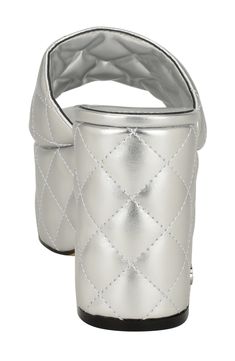 Quilted faux leather covers a '90s-inspired sandal that brings an eye-catching finishing touch to your look. 3 1/2" heel; 2" platform Synthetic upper/textile and synthetic lining/rubber sole Imported Luxury Synthetic Heels With Padded Heel, Luxury Synthetic Platform Sandals, Silver Platform Heels In Synthetic Material, Silver Open Toe Synthetic Mules, Luxury Synthetic Wedge Heels, Silver Synthetic Platform Heels, Party Chunky Platform Synthetic Mules, Glamorous Leather Wedge Sandals, Trendy Synthetic Mules With Ankle Strap