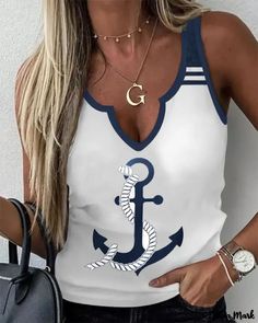 Color: white, Size: L White Nautical Tops For Vacation, White Nautical Tops For Spring, Casual Chique Stijl, Chaleco Casual, Cheap Tank Tops, Style Désinvolte Chic, Style Casual Chic, Anchor Print, Sleeveless Tops Summer