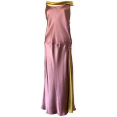 A gorgeous 1990s Bill Blass 2-tone silk charmeuse dress in mauve and burnished gold: Bias cut with buttons down the side, this beautiful dress features a burnished gold satin side-slung collar piece and an inset flared panel at the side. Brown Bills Dress, Silk Charmeuse Dress, Charmeuse Dress, Bias Cut Dress, Gold For Sale, Antique Dress, Mauve Dress, Bill Blass, Silk Charmeuse