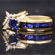 three different rings with blue and purple stones on them, one is set in yellow gold