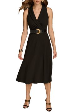 This sophisticated midi is designed in a sleeveless silhouette with a shawl collar and a defining embossed belt. 37 1/2" length Shawl collar Sleeveless Removable belt Unlined 63% polyester, 32% rayon, 5% spandex Dry clean Imported Black Belted Midi Dress For Semi-formal Occasions, Solid Sleeveless Belted Dress, Elegant Sleeveless Solid Midi Dress, Chic Sleeveless Semi-formal Dress, Fitted Sleeveless Midi Dress With Belt, Chic Semi-formal Sleeveless Dress, Elegant Sleeveless Solid Color Dress For Night Out, Elegant Solid Sleeveless Dress For Night Out, Elegant Solid Color Sleeveless Dress For Night Out