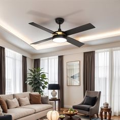 a living room with couches, chairs and a ceiling fan in the middle of it