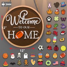 a wooden sign that says welcome to our home surrounded by lots of different magnets