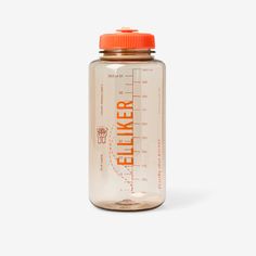 a water bottle with an orange cap on the top and label that says filterr