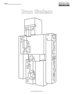 the iron golem coloring page is shown in black and white, with text that reads iron golem