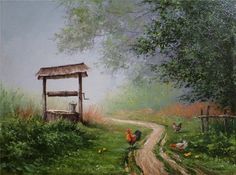 an oil painting of chickens on a country road with a hut and chicken coop in the background