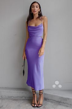 Charissa Slip Dress - Violet Satin Bodycon Dress, Fashion Reference, Satin Dress Long, Michigan Usa, Cowl Neckline, Summer Party Dress, Midi Dress Sleeveless, Cami Dress, Modern Fashion