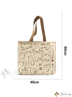 Bird in Bag - Black Cat Pattern Canvas Portable Storage Capacity Tote Bag/Shoulder Bag for College Students, Daily Commuters, and Dates Casual Rectangular Bags With Cat Design, Beige Rectangular Bag With Cat Design, Trendy Shoulder Bag With Cat Design, Trendy Travel Bags With Cat Print, Casual Travel Bag With Cat Design, Casual School Bag With Cat Print, Casual School Bags With Cat Print, Trendy Cat Print Travel Bag, Trendy Tote Shoulder Bag With Cat Design