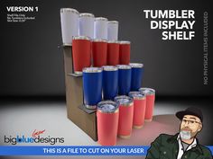 a man standing in front of a display of tumbler cups with the caption, this is able to cut on your laser