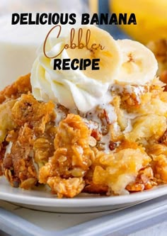 delicious banana cobbler recipe on a white plate