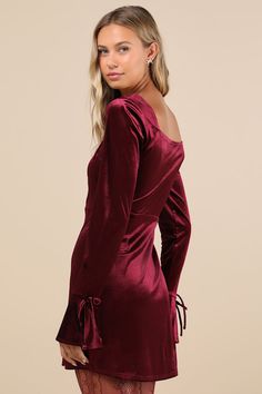 Everyone will instantly be awestruck when you walk in wearing the Lulus Joyful Poise Burgundy Velvet Long Sleeve Mini Dress! This luxe velvet dress starts with a darted bodice, a trendy square neckline, and long sleeves with flared cuffs and dainty tying details. The fitted waist tops a figure-skimming, A-line skirt that ends at a flirty mini hem. Hidden side zipper. Fit: This garment fits true to size. Length: Mid-thigh. Size medium measures 25.75" from shoulder to hem. Bust: Great for any cup Mini Dress Velvet, Burgundy Velvet Dress, Long Sleeve Velvet Dress, Dress Velvet, Burgundy Velvet, Dress With Tie, Mini Velvet Dress, Long Sleeve Mini, Long Sleeve Mini Dress