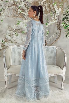 Viviana | Pakistani Designer Outfit | Sarosh Salman Light Blue Anarkali Dress With Intricate Embroidery, Semi-stitched Light Blue Dress With Intricate Embroidery, Light Blue Semi-stitched Dress With Intricate Embroidery, Festive Anarkali Gown In Light Blue, Light Blue Floor-length Anarkali Set With Dupatta, Light Blue Anarkali Dress With Resham Embroidery, Light Blue Designer Dresses For Festive Occasions, Light Blue Bollywood Dress With Intricate Embroidery, Light Blue Festive Anarkali Dress