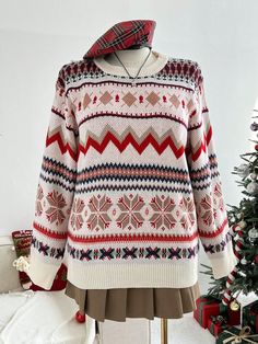 Plus Size Pattern Multi-Color Jacquard Knit Oversize Sweater, Warm Soft Comfortable, Suitable For Autumn Winter Apricot Casual  Wrist-Length Sleeve Knitwear Christmas,Geometric,All Over Print Pullovers Slight Stretch  Women Plus Clothing, size features are:Bust: ,Length: ,Sleeve Length: Plus Size Patterns, Plus Size Pullover, Simple Sweaters, Pull Oversize, Oversize Sweater, Cropped Leather Jacket, Winter Pullover, Patterned Cardigans, Oversized Knitted Sweaters