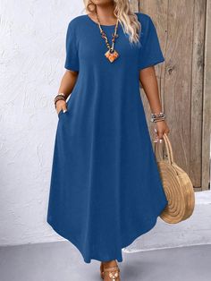 Plus Size Round Neck Short Sleeve Solid Color Dress Blue Casual  Short Sleeve Knitted Fabric Plain Tee Slight Stretch  Women Plus Clothing, size features are:Bust: ,Length: ,Sleeve Length: Vestidos Shein, Shein Plus Size, Funky Outfits, Slim Fit Top, Plain Tees, Solid Color Dress, Elegant Dresses Long, Color Dress, Boho Women