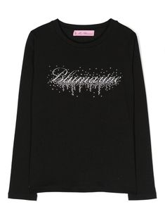 black stretch-cotton jersey texture rhinestone embellishment logo print to the front crew neck long sleeves straight hem Party Long Sleeve T-shirt With Letter Print, Black Long Sleeve Tops With Rhinestones, Girl Top, Black Stretch, Girls Tshirts, Logo Print, Stretch Cotton, Girl Outfits, T-shirt