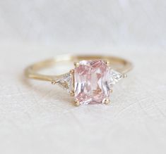 Trillion Diamond Ring, Geometric Engagement Ring, Engagement Ring Radiant, Peach Sapphire Rings, Pink Diamonds Engagement, Pink Engagement, Pink Diamond Engagement Ring, Pink Wedding Rings, Trillion Diamonds