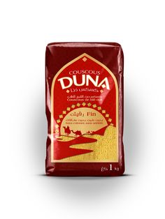 a bag of coffee that is purple with gold trim and the word duna on it