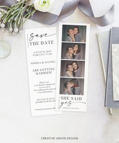 wedding save the dates card with photo collage and ribbon on white table cloth next to flowers