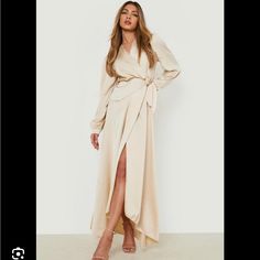 Brand New! Gold Satin Wrap Belted Maxi Dress Chic Maxi Wrap Dress For Wedding Guest, Chic Long Sleeve Maxi Dress For Wedding, Chic Fitted Wrap Dress For Bridesmaids, Elegant Beige Maxi Dress For Prom, Chic Fitted Wrap Dress For Wedding Guest, Chic Long Sleeve Maxi Dress For Prom, Beige Long Sleeve Maxi Dress For Party, Chic Beige Maxi Dress For Prom, Spring Wedding Guest Long Sleeve Maxi Dress