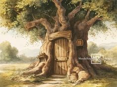 a painting of a tree house built into the trunk of a large tree in a field