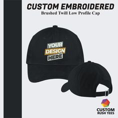 The custom embroidered Port & Company® Brushed Twill Low Profile Cap is a classic and versatile headwear option. Crafted from high-quality brushed twill fabric, this cap offers a soft and comfortable fit. Its low-profile design gives it a sleek and modern look, making it suitable for various occasions. With custom embroidery, you can personalize the cap with your logo, text, or design, adding a professional and branded touch. This cap is perfect for promoting your business, team, or event while offering a stylish and comfortable accessory for everyday wear. Product Description The great classic look and lightweight feel make this cap an all-around favorite. > Fabric: 100% brushed cotton twill > Structure: Unstructured > Profile: Low > Panels: 6 > Closure: Self-fabric slide closure -------- Black Baseball Cap With Custom Embroidery, Black Cap With Custom Embroidery, Customizable Black Cotton Baseball Cap, Custom Embroidered Hats, Business Team, Embroidery Caps, Logo Hat, Personalized Baseballs, Hat Custom