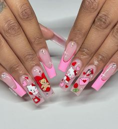 Valentine nails Hello Kitty Christmas Nails, Cutesy Nails, Nails Hello Kitty, Hello Kitty Nails Art, Vday Nails, Valentine Nails, Kitty Christmas