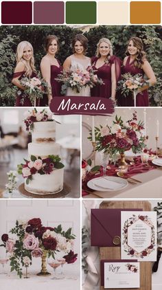 the wedding color palette is maroon, white and green with burgundy accents on each layer