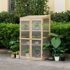 a wooden shelf with potted plants on it in front of some bushes and shrubbery