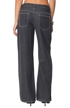 Polished pinstripes add a refined element to traditionally casual jeans cut with baggy wide legs in a Y2K-inspired low-rise silhouette. Zip fly with button closure Five-pocket style 100% cotton Machine wash, line dry Imported Womens Low Rise Jeans, Low Rise Bootcut Jeans, Low Rise Flare Jeans, Blazer With Jeans, Cropped Flares, Low Rise Jeans, Designer Clothes For Men, Wide Legs, Modern Outfits