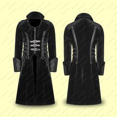 Men Gothic Coat Steampunk and Neo-Victorian Gothic Fashion Style Coat Velvet jacket Elegant Aristocratic Gothic * Lush black velvet fabric * PU imitation leather with aged effect and black fabric * Mandarin style round neck * Front zipper closure with skeleton hand pendant. * 3 metal buckle fastenings at the front. * High collar with extra-wide lapels. * Wide lapels with decorative press studs and riveted D-rings * Fixed faux leather side waist straps with metal D-rings and rivets. * Epaulets with skull-shaped buttons on the shoulders. * Superimposed overlays of shredded fabric on the front, shoulders and hood * Finished with fixed side straps highlighting the waistline * Back slit. * Fully lined. * 85% Polyester, 13% Rayon, 2% Viscose LOOK:  Classic | Modern STYLE: Romantic Gothic | Steam Shredded Fabric, Gothic Fashion Victorian, Gothic Coat, Black Velvet Fabric, Hand Pendant, Dark Men, Neo Victorian, Style Coat, Skeleton Hand