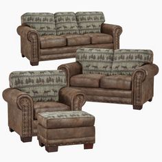 three leather couches and one chair with an ottoman