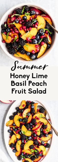 two bowls filled with fresh fruit salad on top of a table