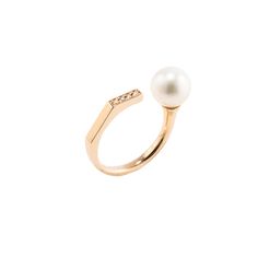 Each pearl has blemishes and flaws on the surface which actually indicate that a pearl is authentic. - Made in Japan.- 10k Yellow Gold.- Ring width 0.22 cm(approximately), Motif width 0.8 cm(approximately).- Diamond 0.04 carats, Akoya Pearl diameter 8.0-8.5 mm(approximately).- US Sizing.  Please order other sizes here. Rose Gold Open Pearl Ring For Formal Occasions, Rose Gold Open Pearl Ring For Formal Events, Diamond Cuff Ring, Pearl And Diamond Ring, Cuff Ring, Cuff Rings, Akoya Pearls, Pearl Diamond, Yellow Gold Rings