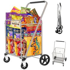 a shopping cart filled with snacks and other items next to a hand truck full of snacks