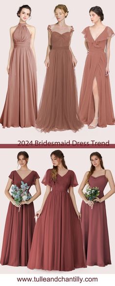 three different styles of bridesmaid dresses in various colors