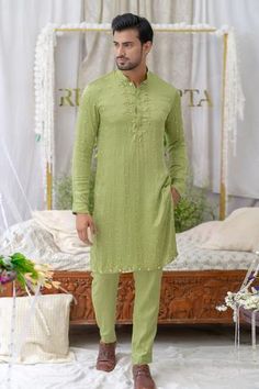 Shop for Runit Gupta Green Pure Cotton Embroidered Kurta Set for Men Online at Aza Fashions Fitted Lawn Suit With Mirror Work And Long Sleeves, Fitted Long Sleeve Lawn Suit With Mirror Work, Bollywood Lawn Suit With Gota Work And Long Sleeves, Green Long Sleeve Lawn Suit With Mirror Work, Pista Green Long Sleeve Kurta With Mirror Work, Festival Lawn Suit With Gota Work And Long Sleeves, Long Sleeve Lawn Suit With Gota Work For Festivals, Green Long Sleeve Lawn Suit With Zari Work, Festive Long Sleeve Lawn Suit With Gota Work