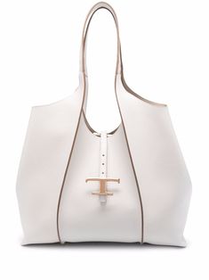 White leather T-logo tote bag from TOD'S featuring gold-tone logo plaque, two long top handles, main compartment, removable pouch and snap fastening. Logo T, Leather Tote Bag, White Bag, Long Tops, White Leather, Leather Tote, Gold Tones, Handles, Pouch