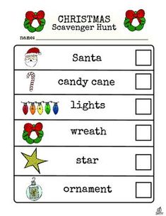 christmas scavenger printable worksheet with candy cane lights and star ornament