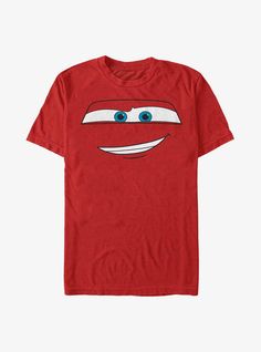 a red t - shirt with an image of the face of a smiling character on it